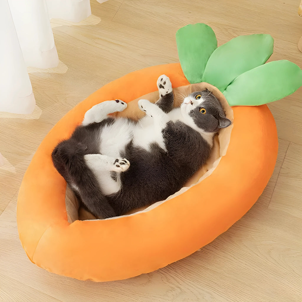 Carrot-coloured reversible cloth pet bed mat with cartoon carrot design, medium size