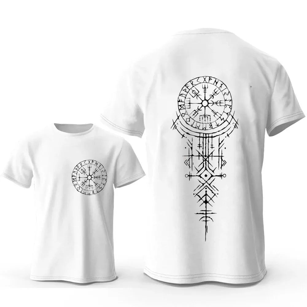 Men's grey T-shirt with a detailed Viking compass and smiling face graphic print on the chest.