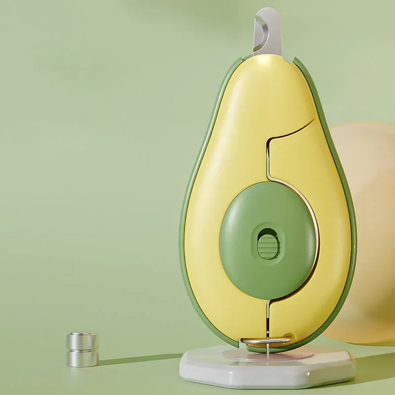 Green pet nail clipper with LED light on, showing scissor design and anti-slip handle for small dogs and cats.
