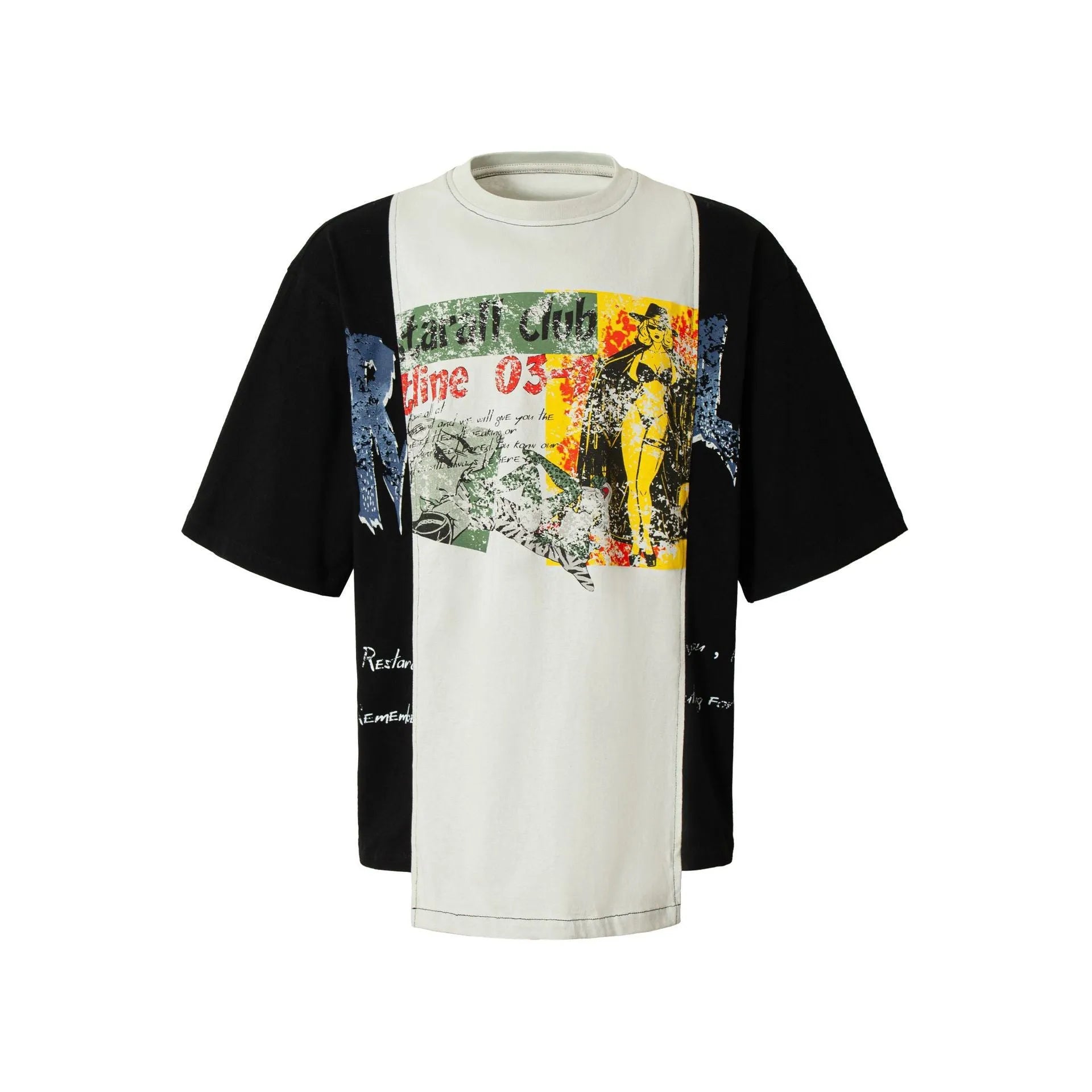 Mens loose black and white deconstruction print cotton t-shirt on a model, showing short sleeves and streetwear style.