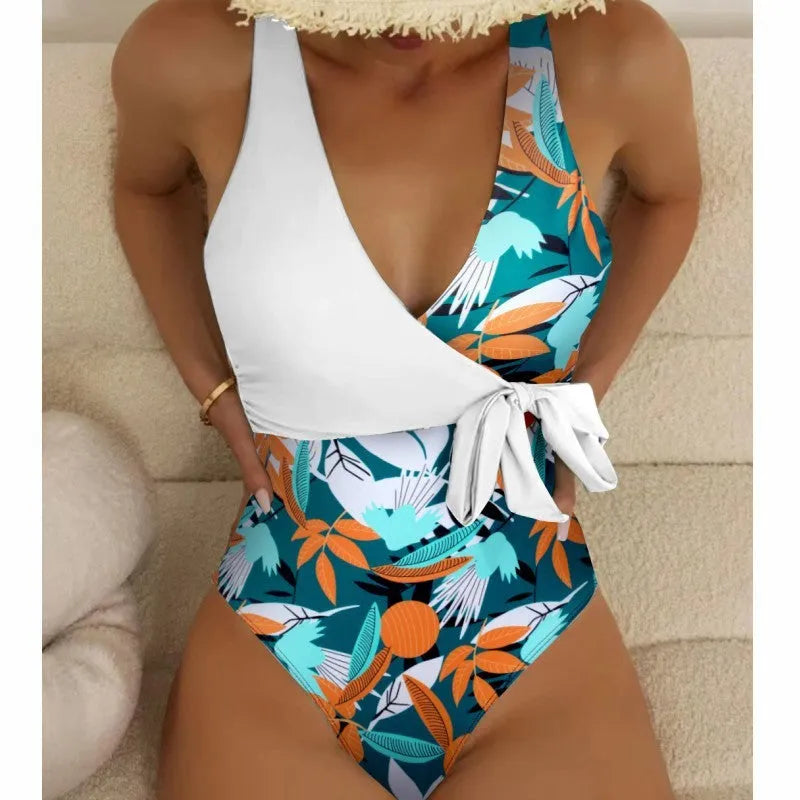 Women's high-waist one-piece swimsuit with printed pattern in polyester fabric