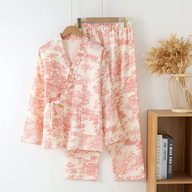 Women's cotton gauze lounge suit set with top and trousers in frosted pine tree colour