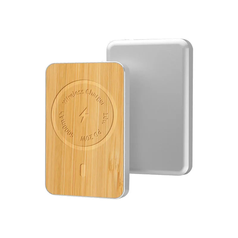 Khaki magnetic wireless charging bank with 5000mAh capacity and USB port