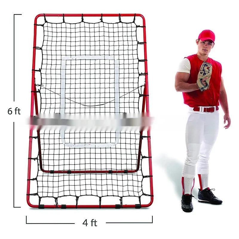Red 4x6ft baseball training net with metal frame shown in portable folded position