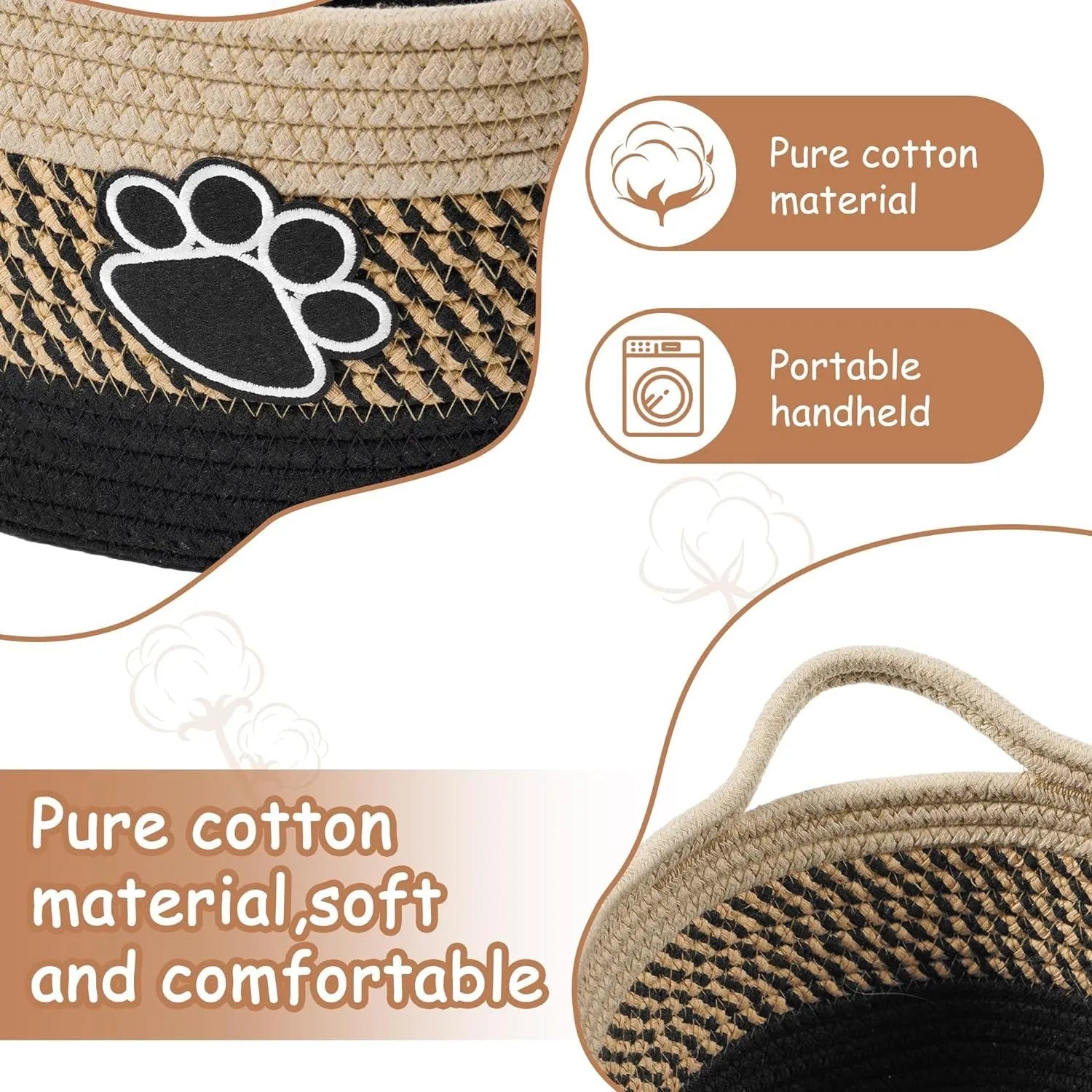 Small light beige woven cotton storage basket with wooden handle 34x26x15cm