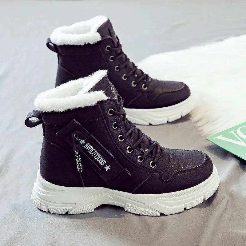 Women's plus size tall black snow boot with velvet lining and lace-up front on a rubber sole.