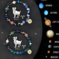 Two natural stone beaded bracelets with zodiac sign charms on a dark background.