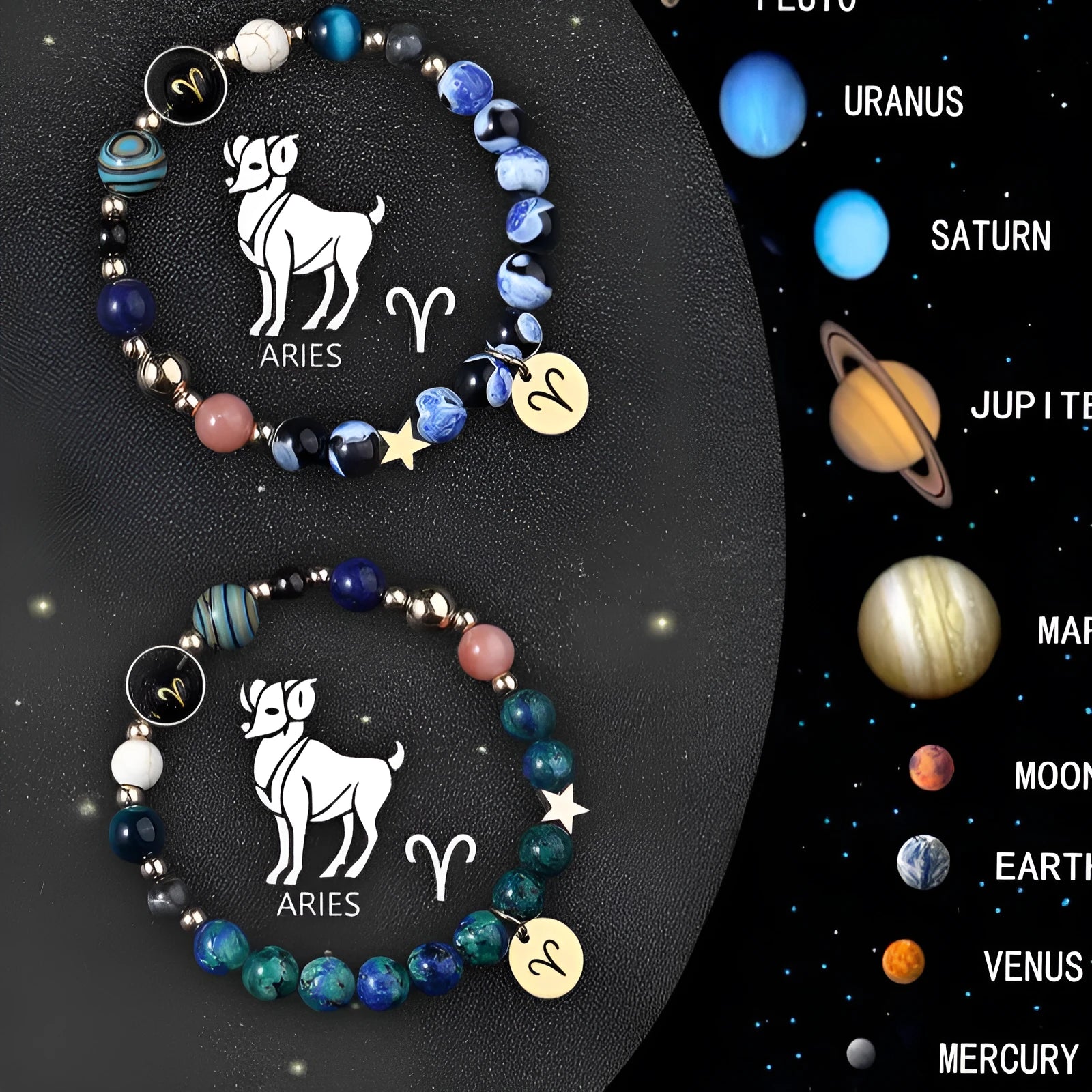 Two natural stone beaded bracelets with zodiac sign charms on a dark background.