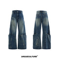 Men's verdant blue retro washed burst pattern curved knife jeans with loose fit