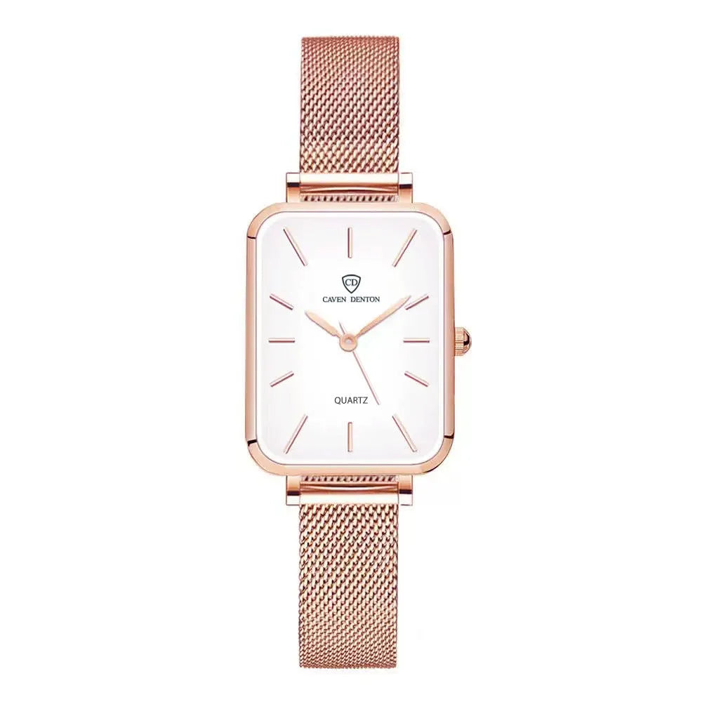 Women's waterproof quartz watch with woven steel strap in rose gold colour showing alloy case and mineral glass