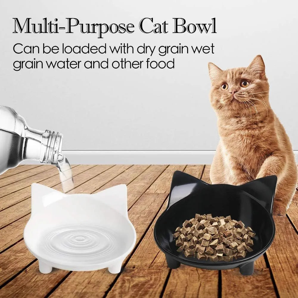 Set of four shallow black pet bowls with non-slip rubber bases for cats and small dogs
