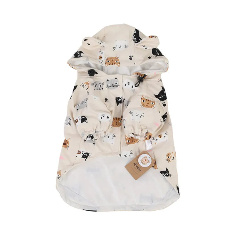 Beige dog raincoat with cartoon animal design in waterproof PU material
