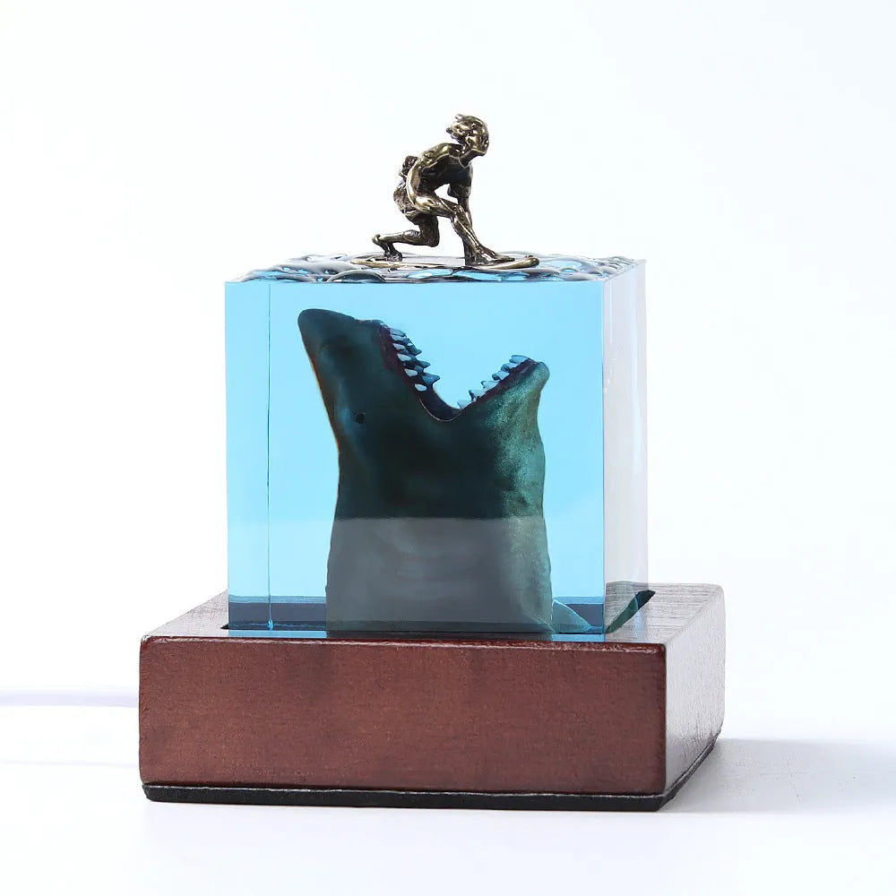 Clear epoxy resin shark surfer night light ornament with LED, modern design in 5cm or 8cm size.