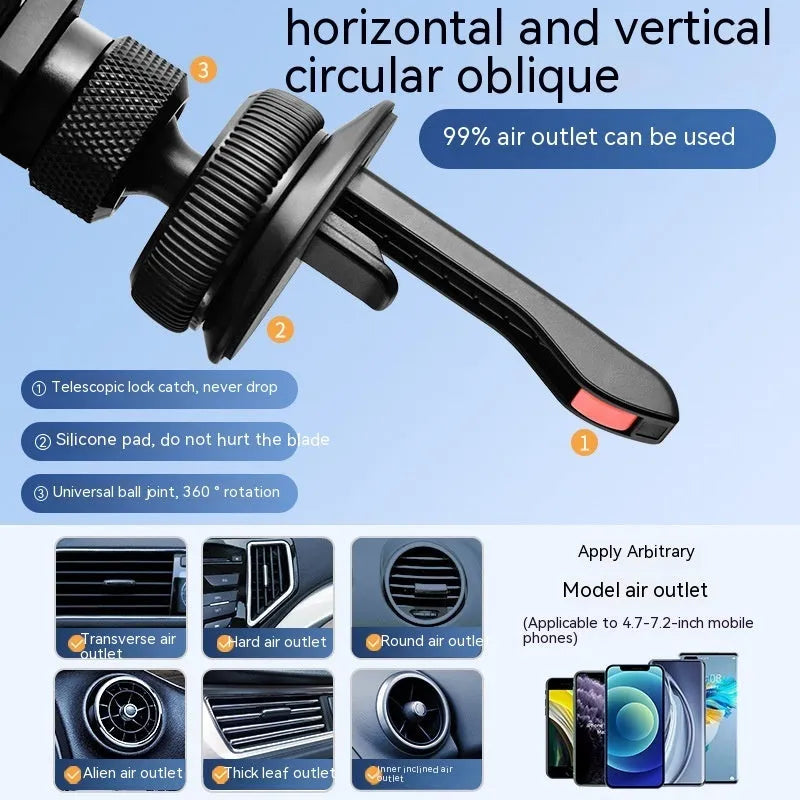 Aluminium alloy car phone mount with silicone grips shown attached to vehicle air vent