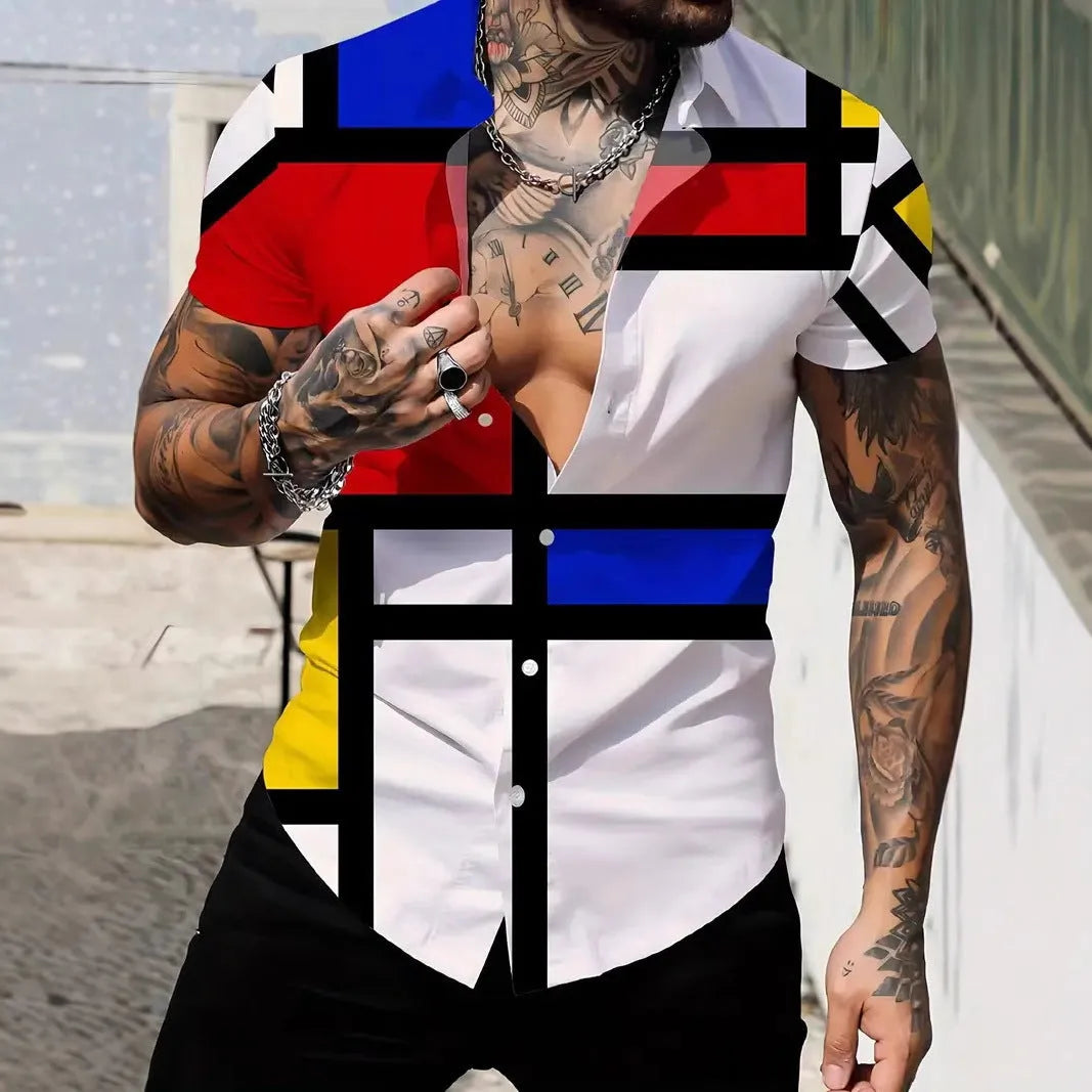 Men's slim fit short sleeve shirt with geometric line printing on the lapel, shown in a casual summer style.