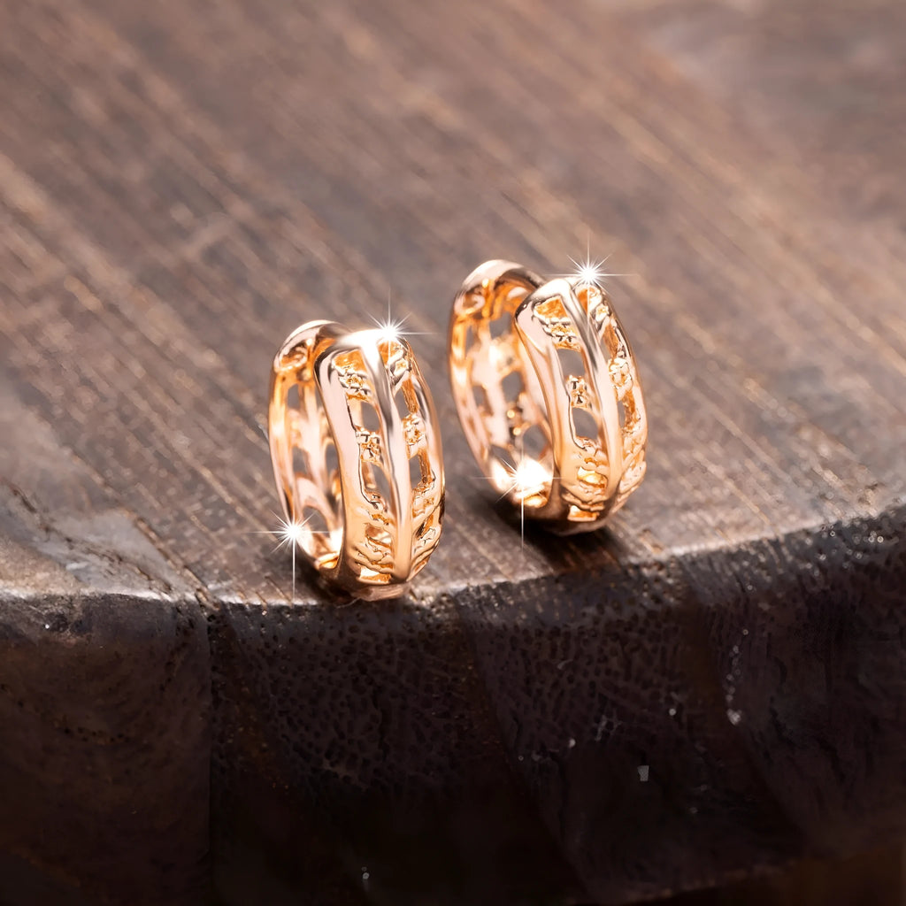 Rose gold copper earrings with hollowed-out heart and leaf shape design