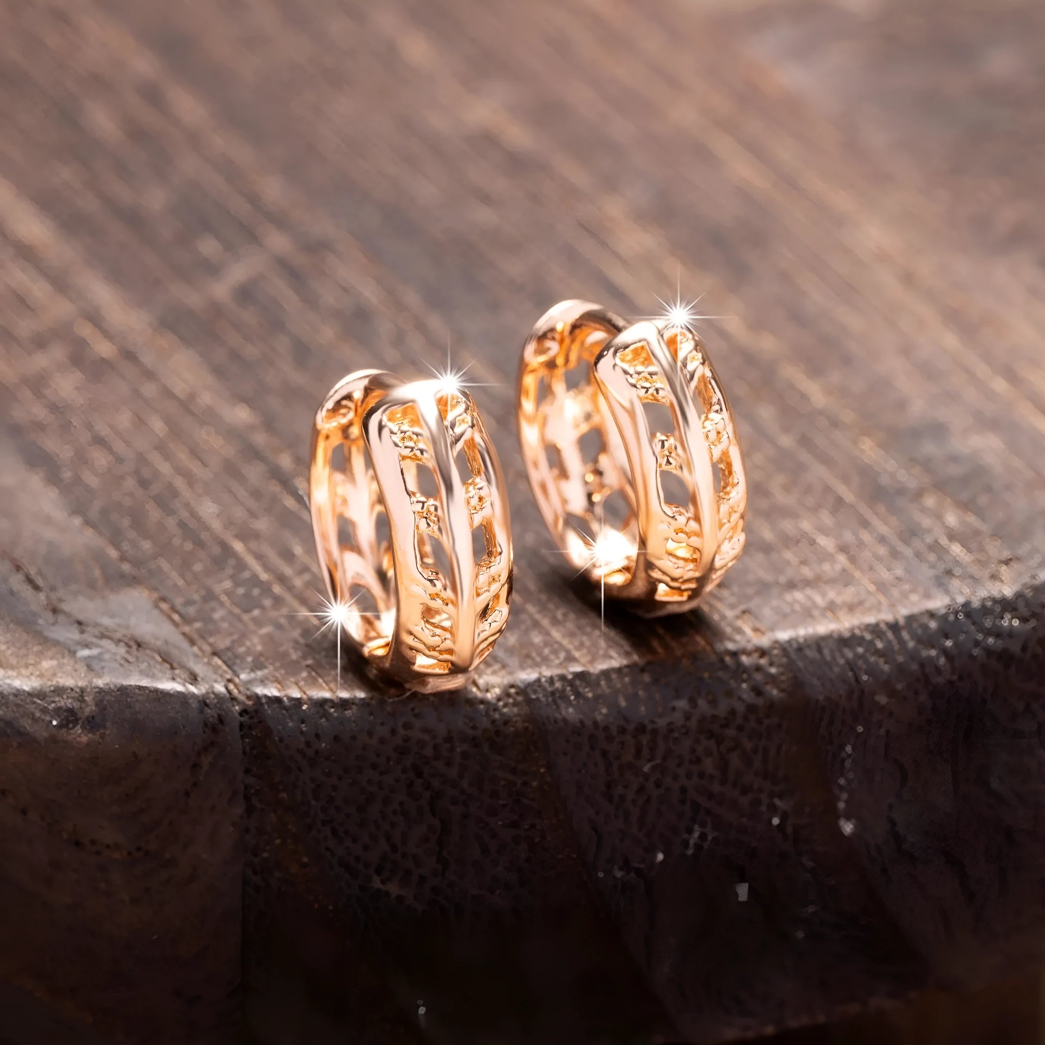 Rose gold copper earrings with hollowed-out heart and leaf shape design