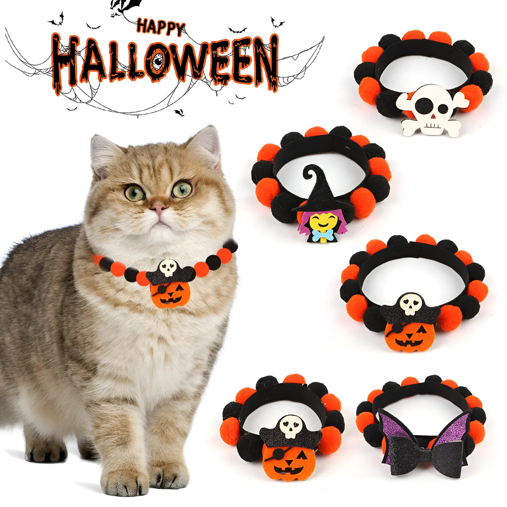Halloween pet collar with a fur ball decoration in a pumpkin design, shown in size M
