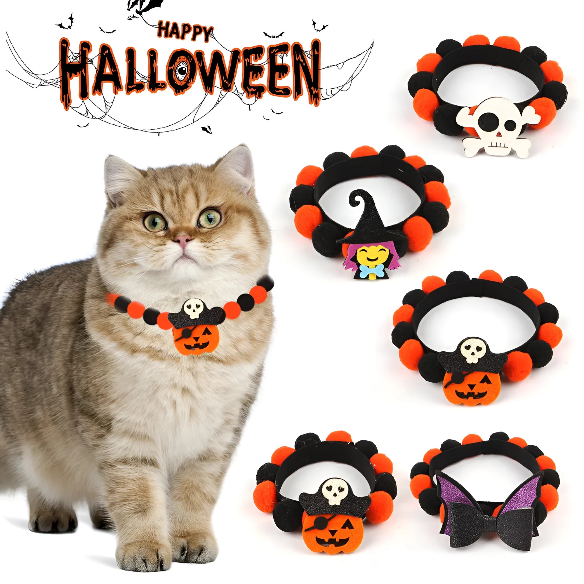 Halloween pet collar with a fur ball decoration in a pumpkin design, shown in size M