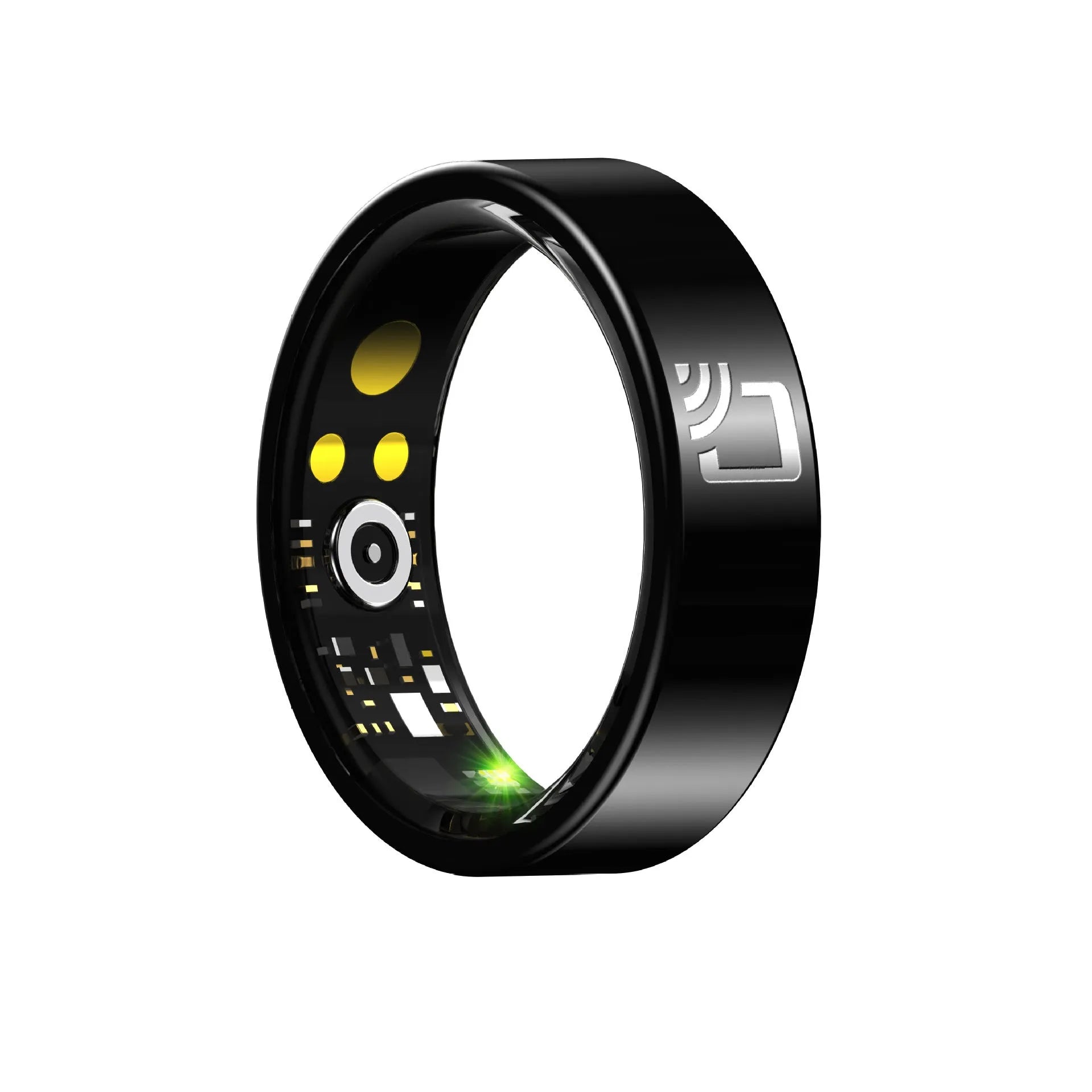 Black ceramic smart ring with health monitoring sensors on finger