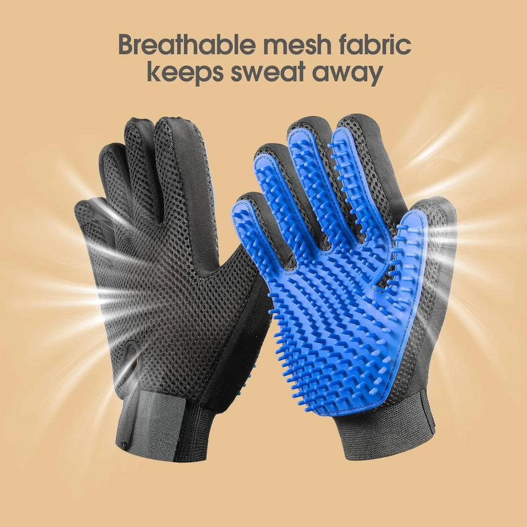 Blue pet grooming gloves with silicone tips for removing hair from dogs cats horses