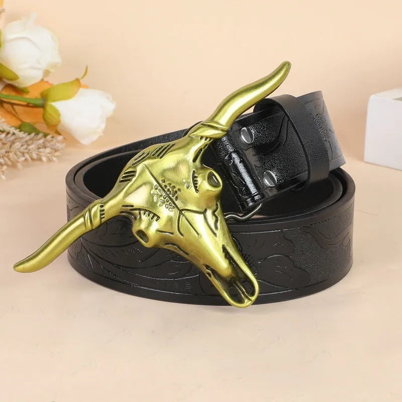 Men's black imitation leather belt with a detailed metal cow head buckle and pin clasp.