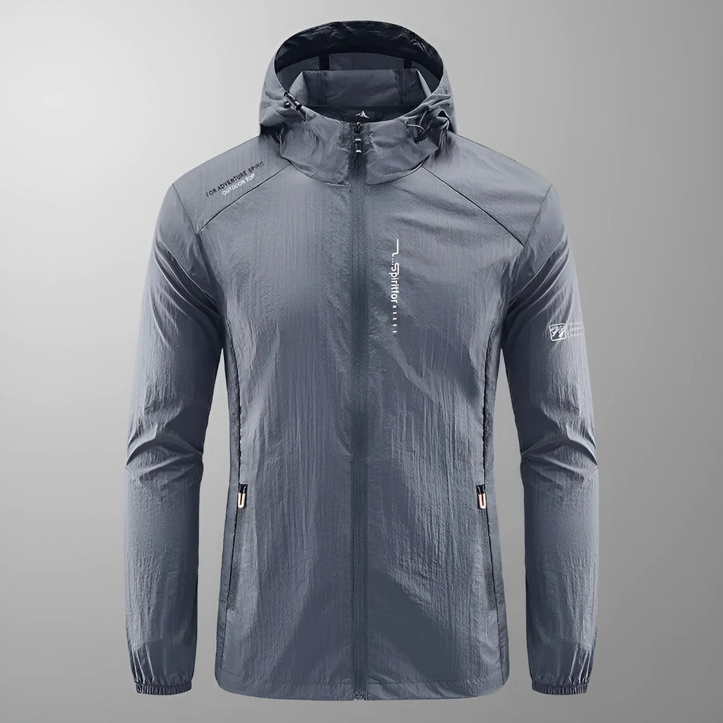 Light grey loose-fit men's nylon hooded jacket for summer outdoor wear