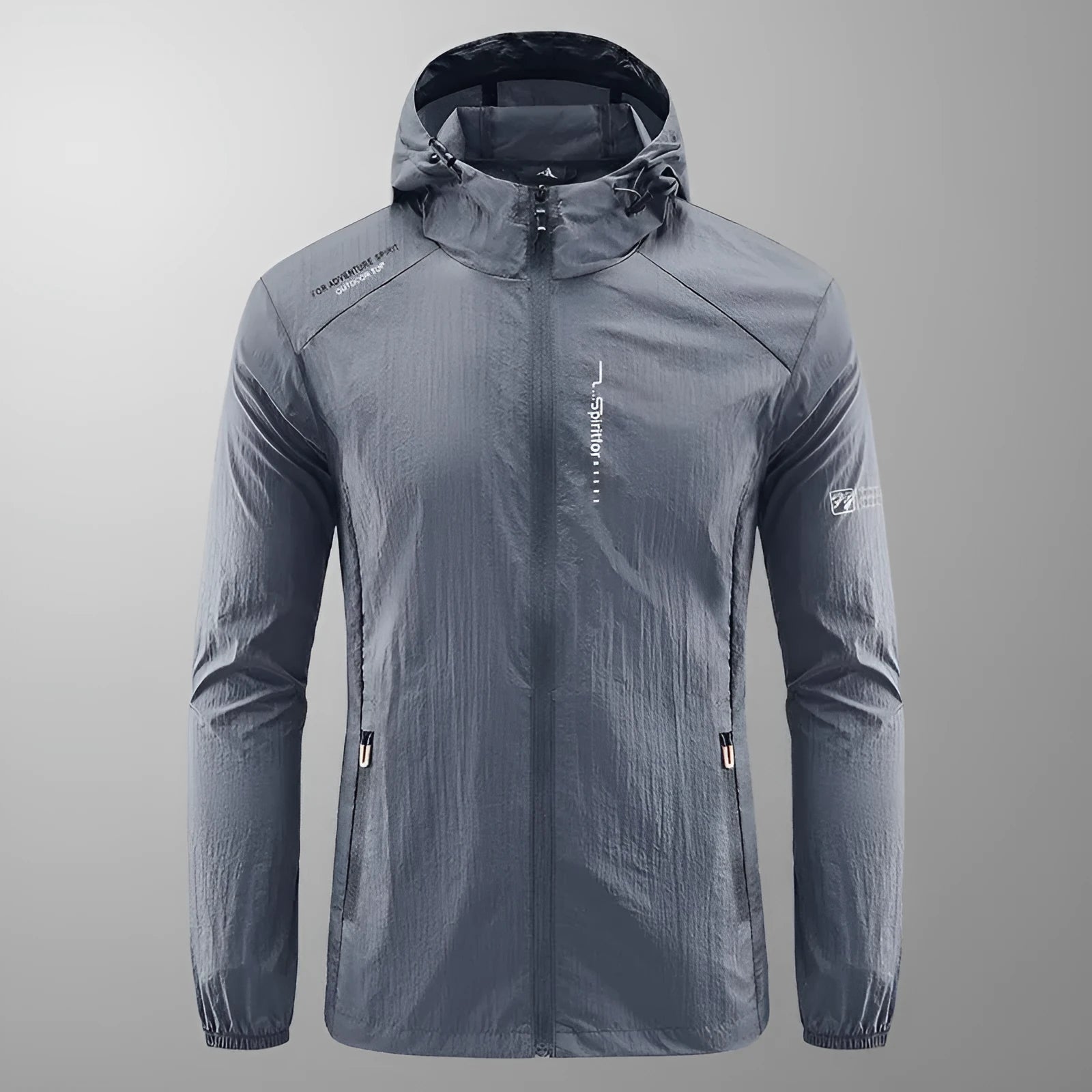 Light grey loose-fit men's nylon hooded jacket for summer outdoor wear