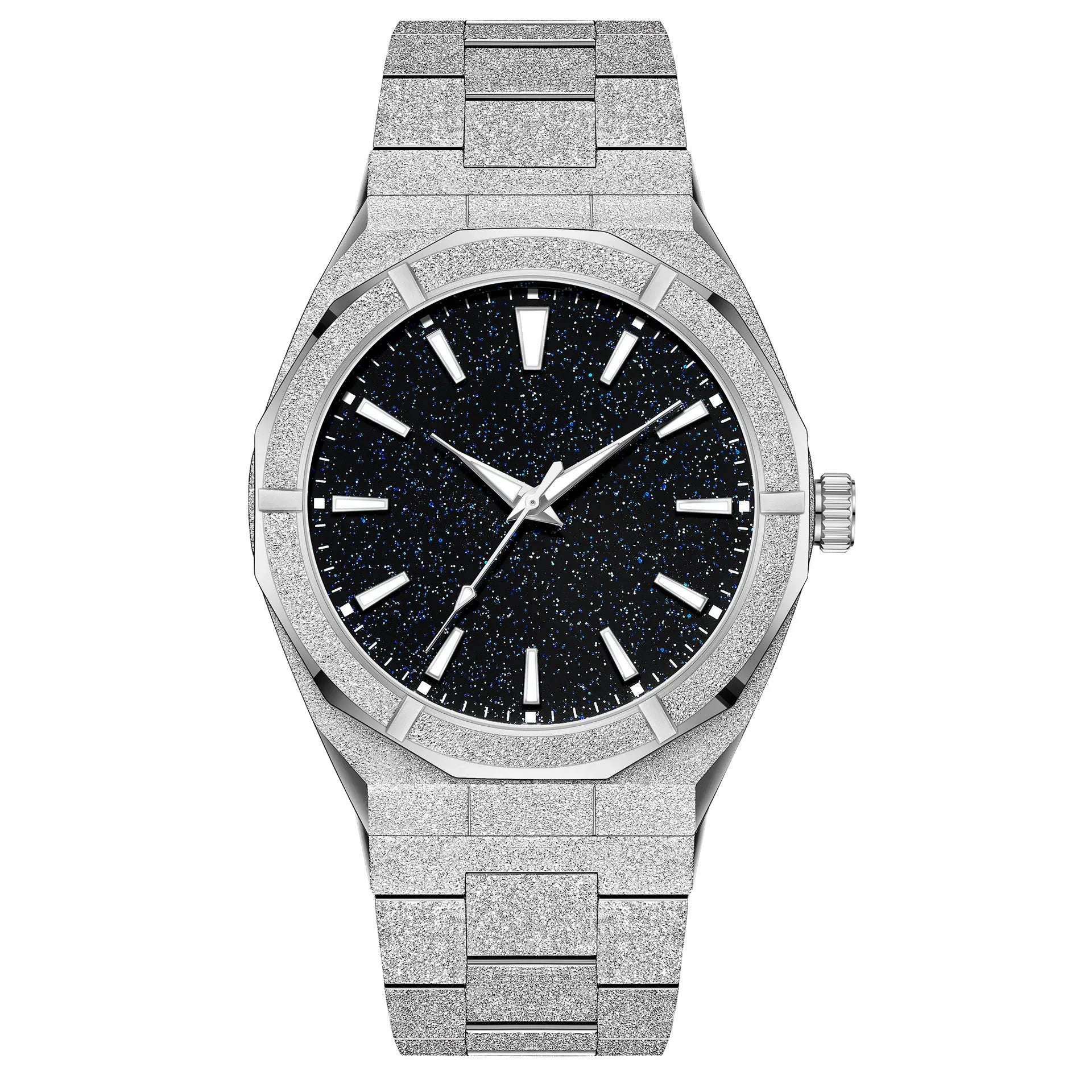 Men's frosted stainless steel business watch with luminous markers in silver colour