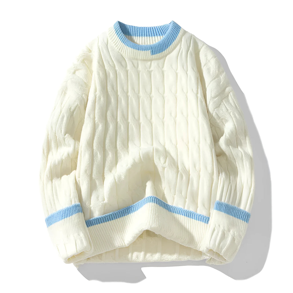 Men's two-piece acrylic sweater set with loose pullover and matching bottoms in winter sports style
