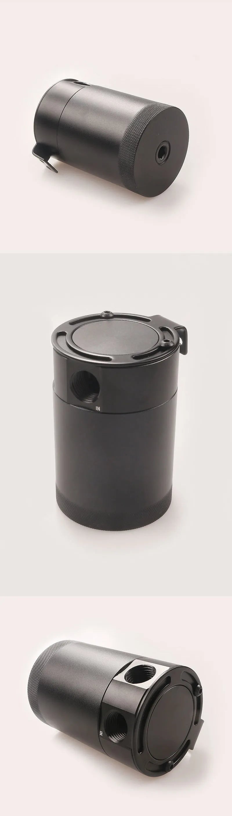 Black aluminium automotive oil pot with two-hole breathable design and connectors