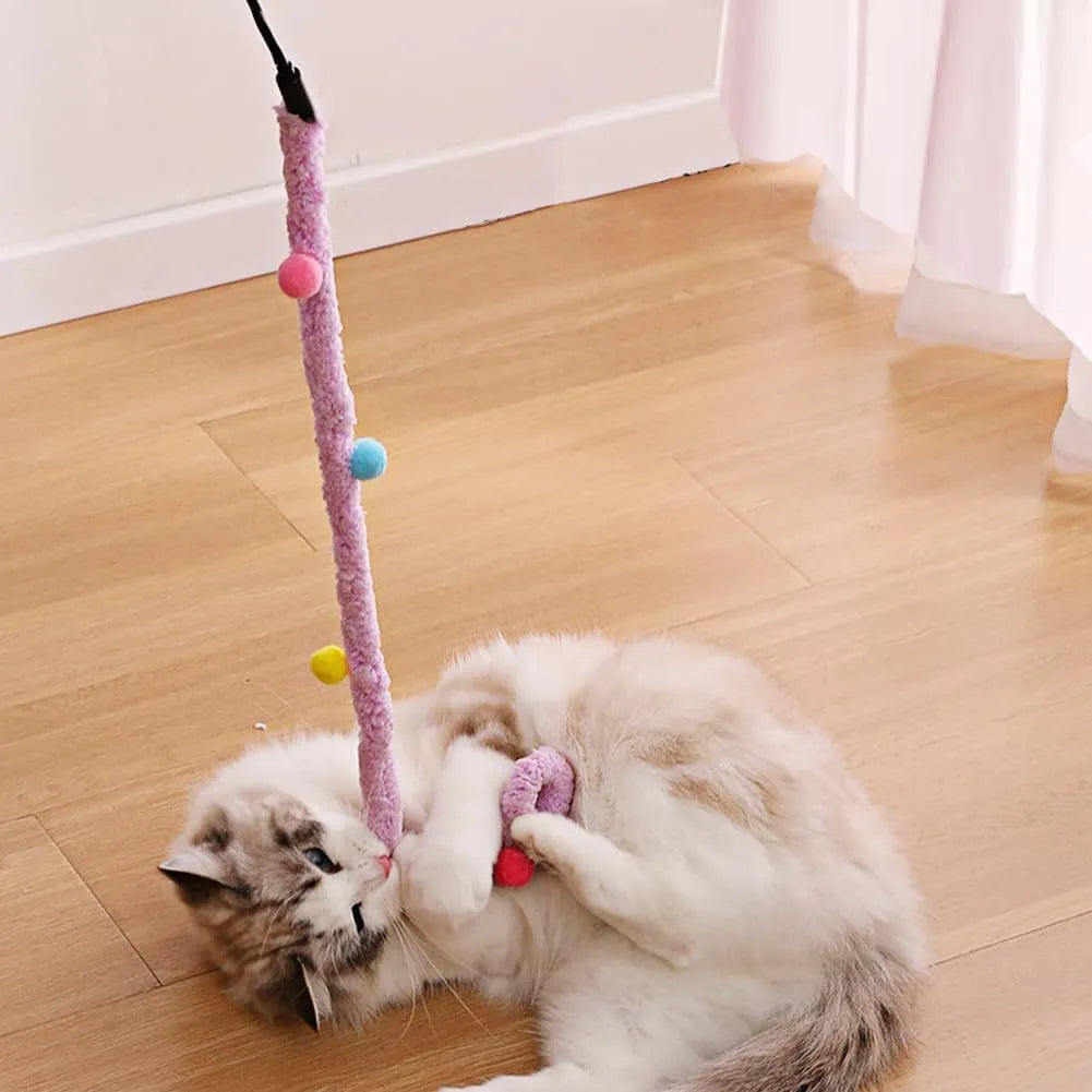 Blue green pink plush strip cat wand toy with 41cm pole and 60cm colourful strip with fluffy bell ball