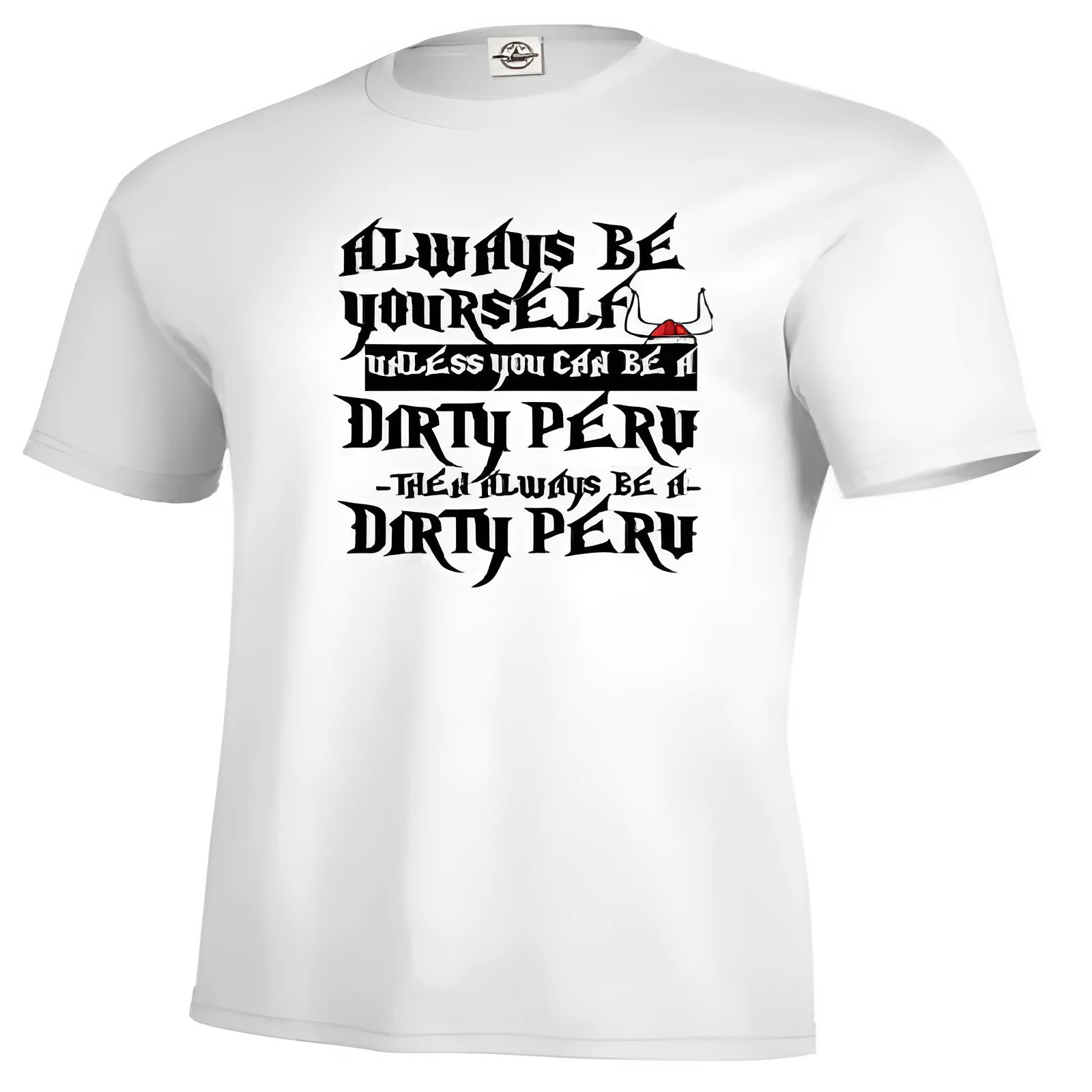 Men's solid white printed polyester short sleeve t-shirt laid flat showing front design