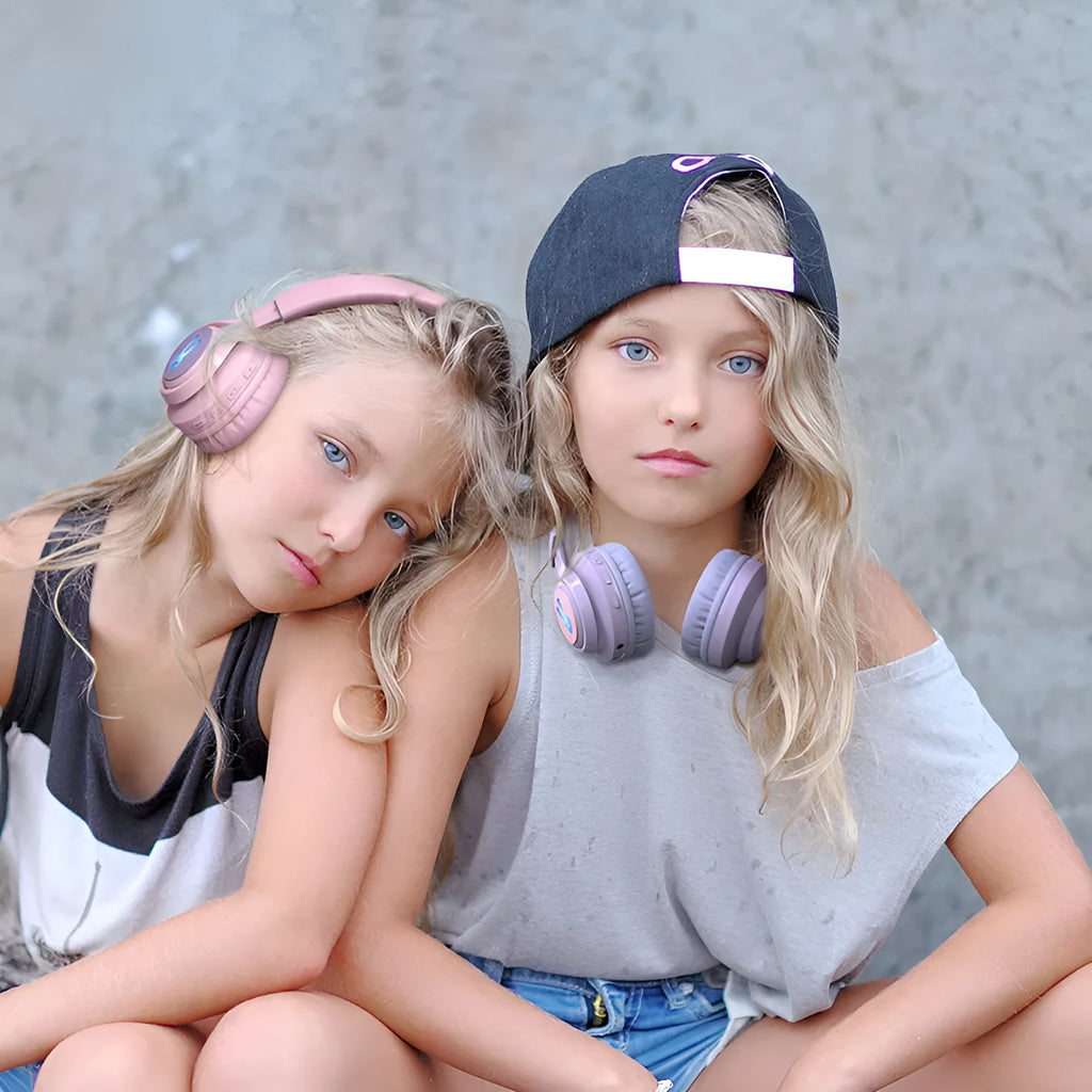 Wireless children's headphones in bunny pink and purple with RGB lights and power display