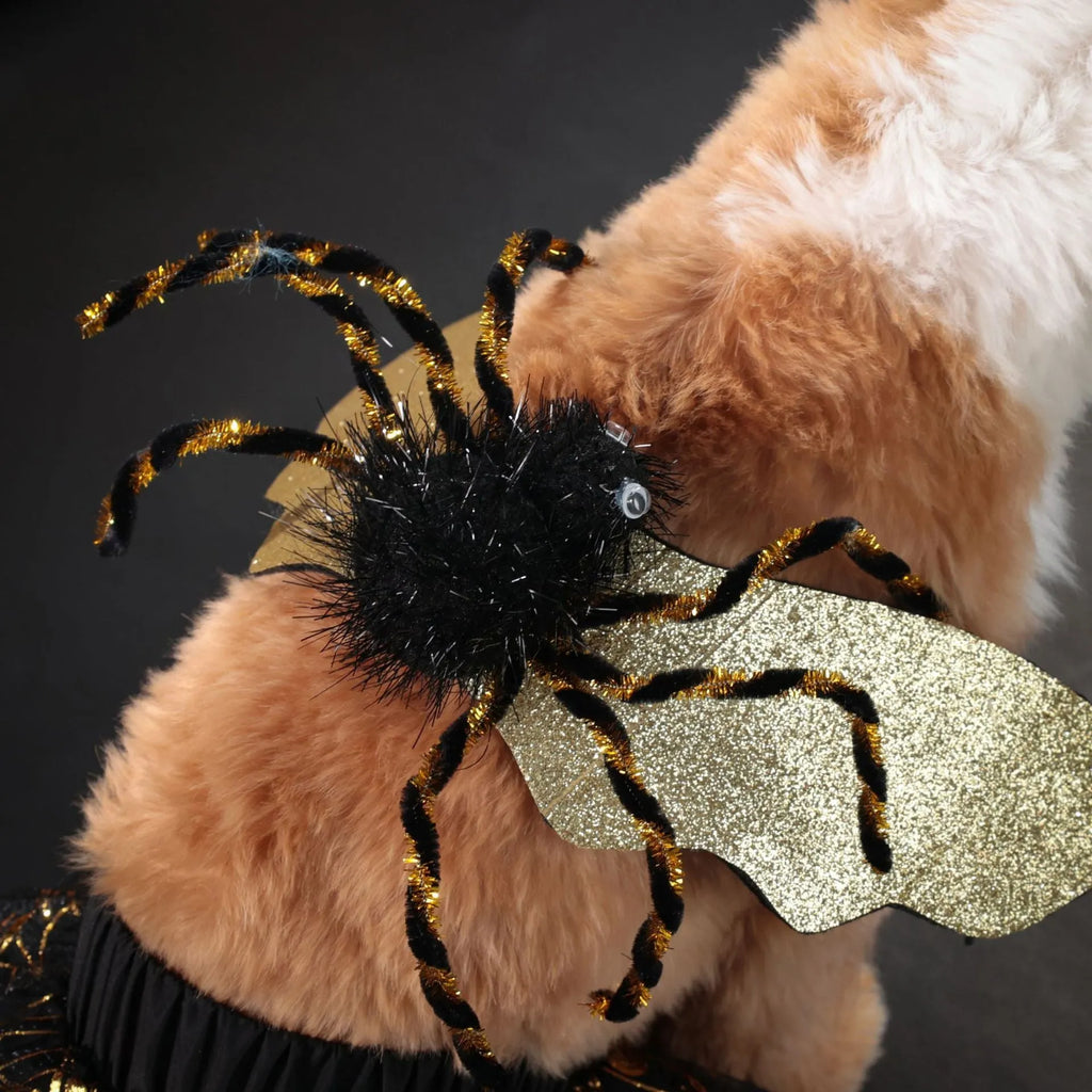 A dog wearing a simple solid-colour polyester costume for Halloween.