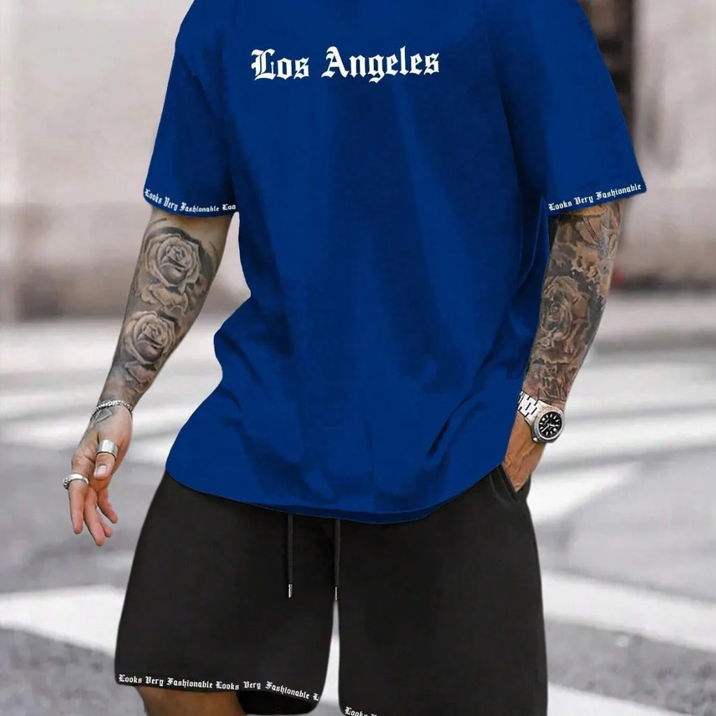 Men's sports shorts and t-shirt set in cotton blend fabric with printed pattern