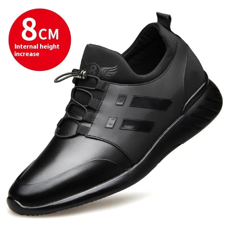 Men's black casual sneakers with a chunky heel for discreet height increase, available in leather or mesh.