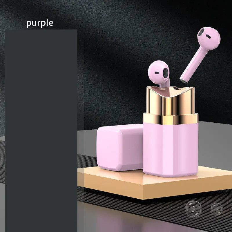 Lipstick-shaped charging case with pink wireless Bluetooth in-ear earphones