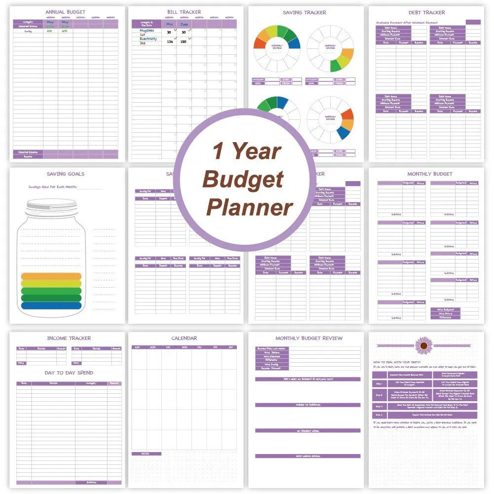 J12 purple coil-bound financial planning notebook with pen and sticker accessories for monthly budgeting