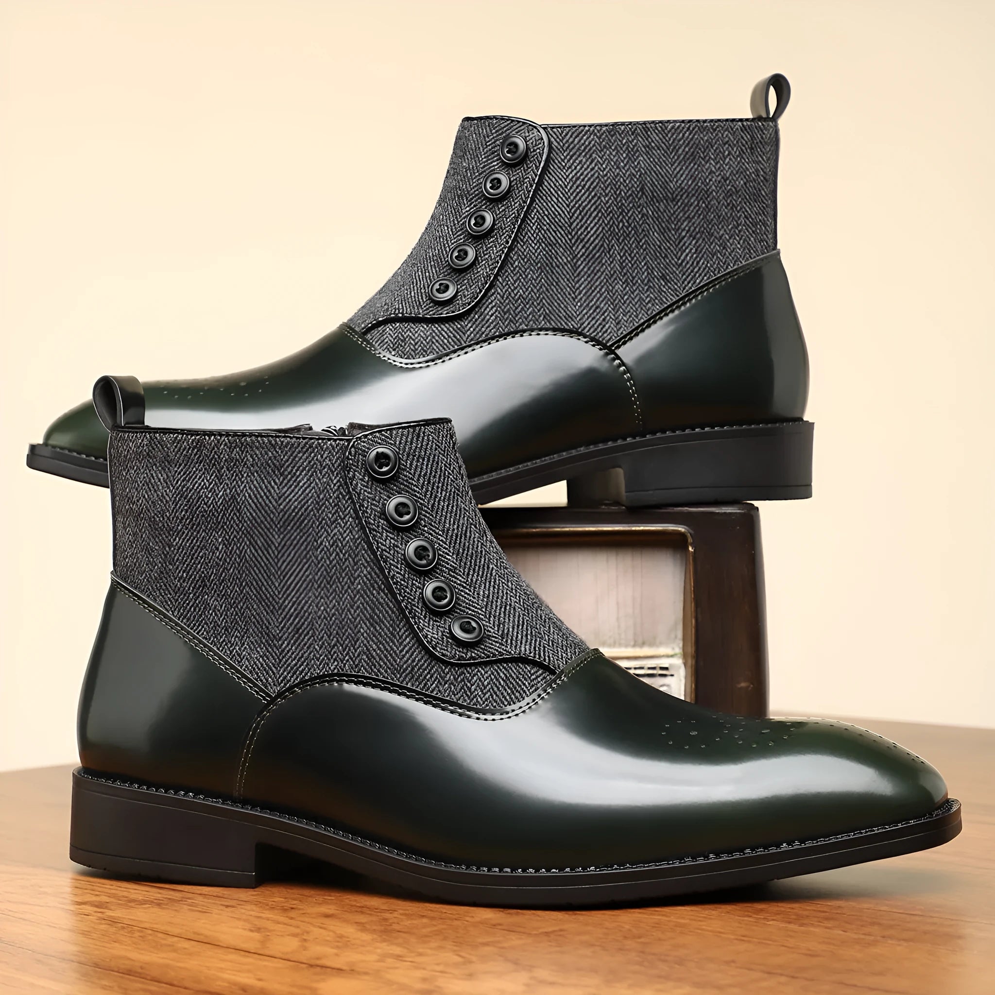 Men's brown retro formal shoes with side zipper and square toe on a plain background.