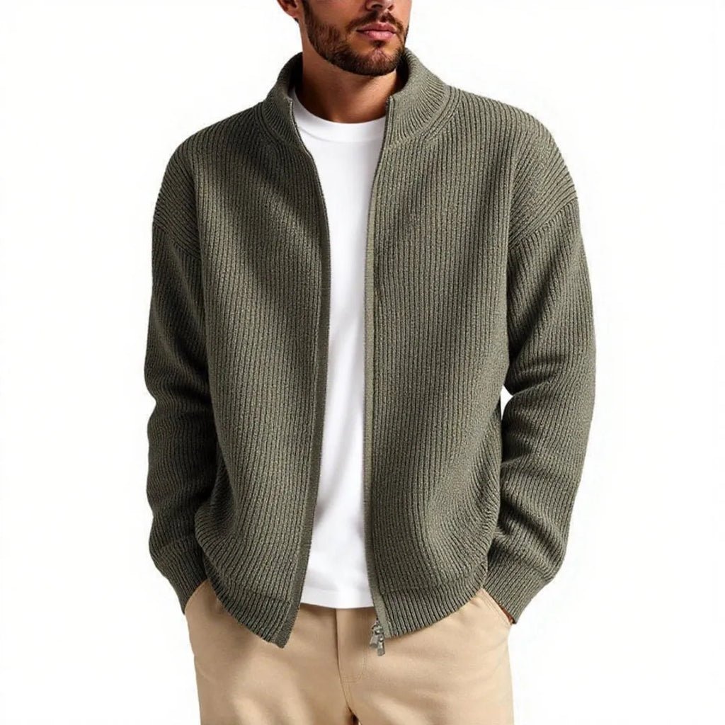 Men's loose-fit cardigan sweater in a grey colour, showing button front and long sleeves.