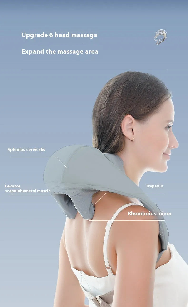 Grey elastic fabric covered neck and back massager with USB charging cable