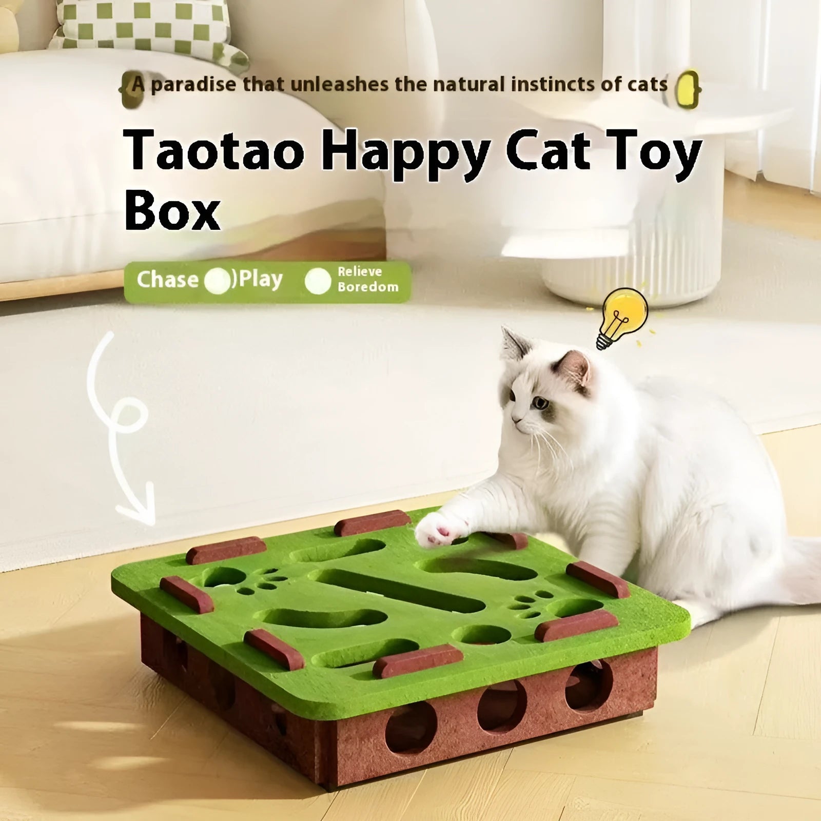 Green brown felt cat scratching box with 30x30 cm base and 7.5 cm sides.