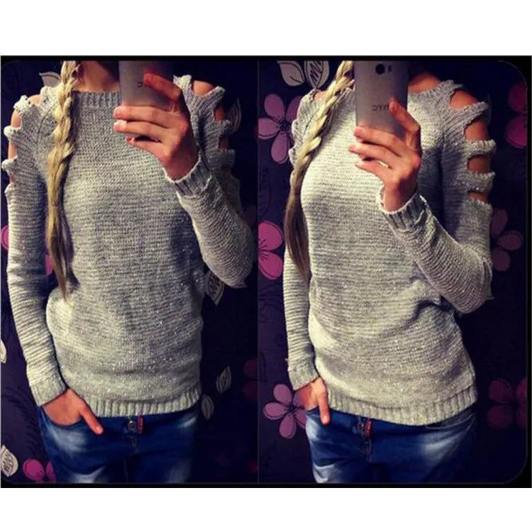 Women's grey knitted round neck shirt with decorative hollow-out long sleeves.