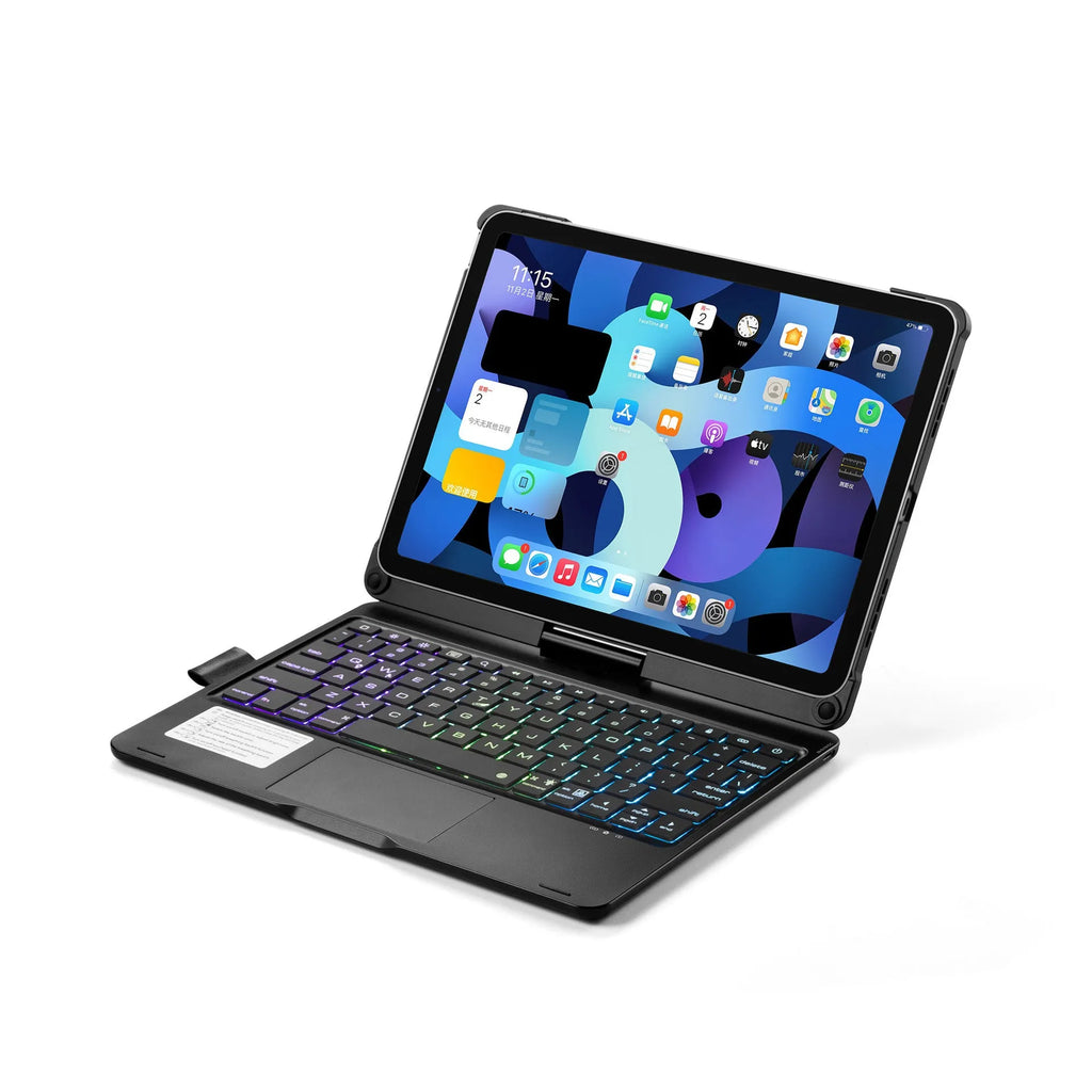 Black rotating backlit Bluetooth keyboard attached to a silver iPad, showing the 360-degree hinge.