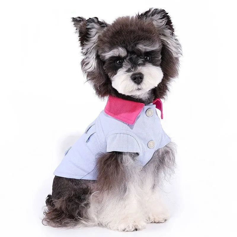 Blue and purple polyester dog vest harness with a metal lead attachment ring for small dogs.