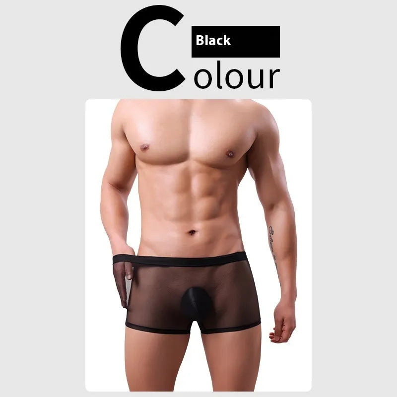 Men's mesh boxer briefs in thin sheer polyester fabric showing low waist design and breathable mesh texture