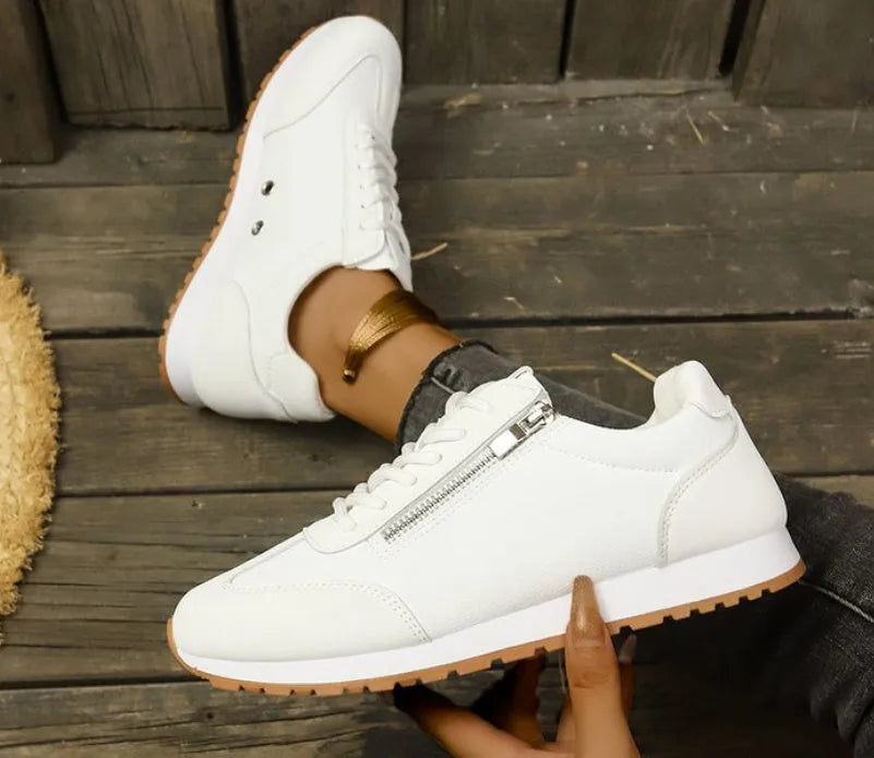 Women's flat-heeled casual shoes in grey, white, or Champagne with artificial PU upper and rubber sole
