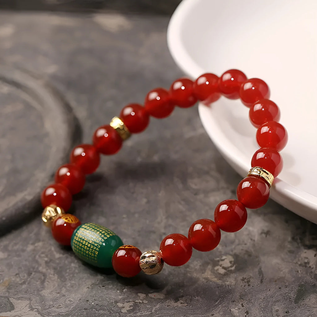 A red agate Guanyin bracelet with edge rosary design and auspicious patterns, unisex New Chinese style.