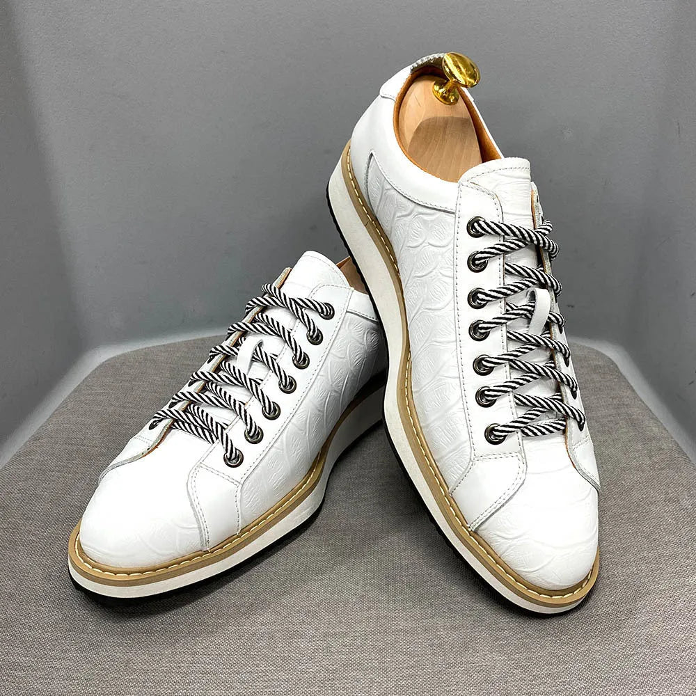 Men's low-top lace-up leather shoes with embossed pattern in black, green, white, and grey colour options